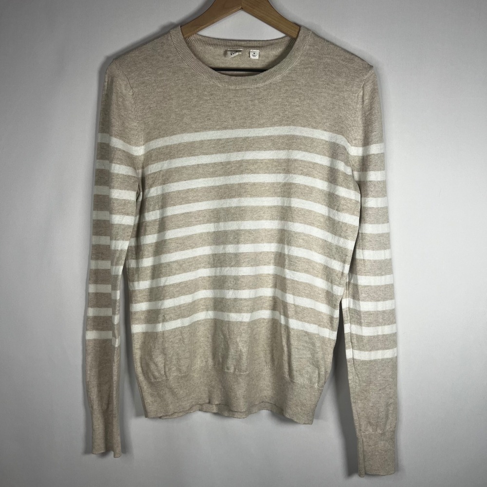 Gap For Good Sweater Women Medium Beige‎ White Stripe Crewneck Knit Long Sleeve